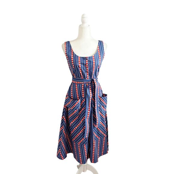 LHD Striped Poplin Midi Dress 2 Blue Red NEW - Picture 2 of 9